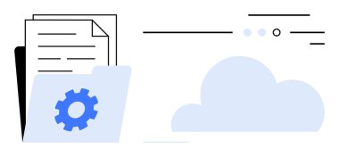 Bir bulut simgesinin yanında bulunan dosya dijital depolamayı, otomasyonu ve bulut hesaplamasını sembolize ediyor. Veri yönetimi, bulut depolama, belge işleme, bilişim çözümleri, otomasyon için ideal