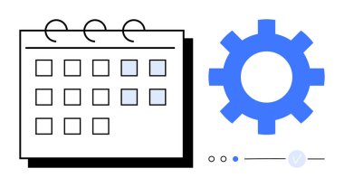 Vurgulanmış tarihli takvim, büyük mavi dişli, ilerleme göstergeleri. Proje yönetimi, planlama, iş akışı, son teslim tarihleri verimlilik için ideal. Satır metaforu