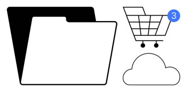 Dizin simgesi, bulut grafiği, 3 tebligatlı alışveriş arabası. Dosya yönetimi, online alışveriş, tebligatlar, veri depolama, bulut hizmetleri e-ticaret işi için ideal. Satır metaforu