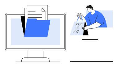 Dizin ve belgeleri gösteren bilgisayar monitörü, indirimli alışveriş torbası. İş, organizasyon, veri yönetimi, çevrimiçi alışveriş, e-ticaret, dijital pazarlama için ideal