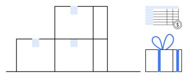 Birikmiş kutular, fatura ve paketlenmiş hediye. E-ticaret, envanter yönetimi, nakliyat, sipariş yerine getirme, müşteri hizmetleri ve perakende stratejileri için ideal. Satır metaforu