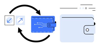 Mavi dijital cüzdan, şifreli değiş tokuş sürecini, devre kalıplarını ve kullanıcı arayüzü elementlerini gösteren oklar. Kripto para birimi, finans, dijital ödemeler, çevrimiçi işlemler, fintech