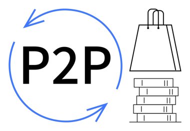 P2P text with bidirectional arrows, shopping bag, and stack of books symbolizing peer transactions. Ideal for ecommerce, retail, fintech, marketplaces, book exchanges, shopping networks and social clipart