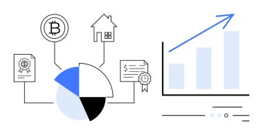 Kripto para birimine, eve, belgelere ve yukarı doğru okla çizelgeye bağlı turta şeması. Yatırım, mali planlama, ekonomik büyüme, varlık yönetimi, istatistik, iş analizi için ideal