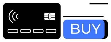 Belirgin bir mavi satın alma düğmesinin yanına yerleştirilmiş erişimi olmayan bir kredi kartı. Çevrimiçi alışveriş, güvenli işlemler, e-ticaret, dijital ödemeler, elektronik alımlar, finansal uygulamalar için ideal