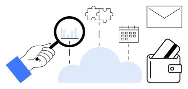 Yapboz parçası, takvim, zarf ve kredi kartıyla çevrili bir şekilde büyüteç ile bulutun üstünde tutuluyor. İş stratejisi, veri analizi ve bulut hesaplaması için ideal
