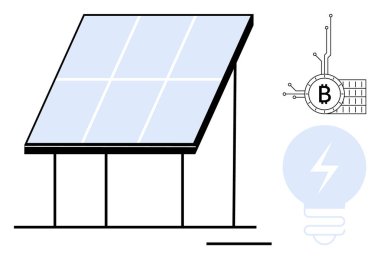 Güneş paneli kripto para sembolü ile güneş ışığını emiyor. Bu da engelleme zinciri madencilik teknolojisini gösteriyor. Ampul elektrik ikonunu temsil ediyor. Yenilenebilir enerji, kripto para birimi ve blok zinciri için ideal.