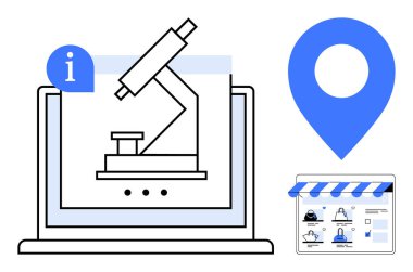 Bilgisayarda mikroskop, bilgi sembolü ve dükkan vitrininin yanında konum iğnesi var. Çevrimiçi eğitim, bilim araştırması, e-öğrenme, navigasyon, yerel keşif, dijital pazar yeri için ideal