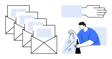 İndirim torbaları tutan bir müşteriyle e-posta bildirimlerini temsil eden bir yığın zarf. E-posta kampanyaları, dijital pazarlama, e-ticaret, perakende promosyonlar, müşteri ilişkileri için ideal