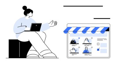 Çevrimiçi bir mağazanın penceresinin yanında dizüstü bilgisayar kullanan biri farklı çantalar sergiliyor. E-ticaret, çevrimiçi alışveriş, dijital pazarlama, perakende sektörü, web tasarımı, müşteri ilişkileri, teknoloji için ideal