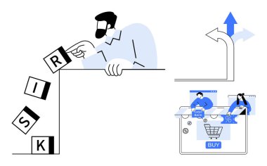 RISK 'in yazılışını engelleyen adam, dijital alışveriş arabası satın alma hakkında konuşan insanlar, karar verme yollarını gösteren mavi oklar. Risk yönetimi, e-ticaret, karar verme ve finans için ideal