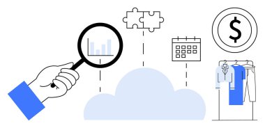 Hand holding a magnifying glass examining bar graph, below puzzle pieces, calendar, dollar sign, and clothing items. Ideal for business planning, problem-solving, finance, wardrobe management cloud clipart