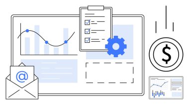 Bilgisayar ekranındaki grafikler, kontrol listesi panosu, e-posta bildirimi, dolar işareti ve tablet. İş stratejisi, mali planlama, proje yönetimi, dijital pazarlama, veri