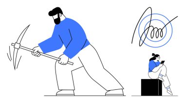 Kazmayı madencilik için kullanan bir karakter ve akıllı telefonlu bir kutunun üzerindeki başka bir kişi. Çalışma, madencilik, görev yönetimi, üretkenlik, teknoloji, dijital etkileşim ve çaba için ideal. Satır metaforu