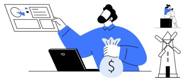 Finansal verileri sunan iş adamı, para çantasını dizüstü bilgisayarın yanında tutan, arka planda yel değirmeni tutan. Mali planlama, veri analizi, yatırımlar, yeşil enerji ve iş stratejisi için ideal