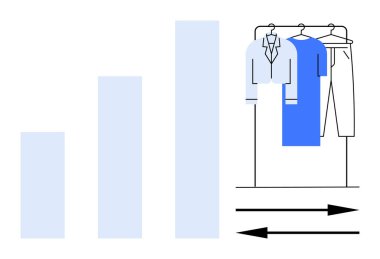 Yükselen bar çizelgesinin yanında asılı giysiler ve akımları gösteren oklar. Moda endüstrisi için ideal, perakende analizi, piyasa araştırması, ekonomik eğilimler, satış stratejisi, veri