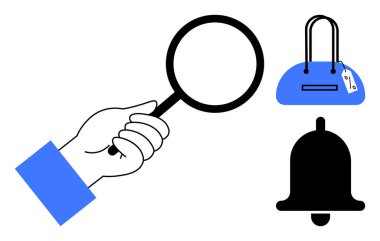 Mavi bir çanta ve siyah alarm zilini incelerken el ele tutuşan büyüteç. Alışveriş, arama, bilgilendirme, e-ticaret, perakende, güvenlik, teftişler için ideal. Satır metaforu