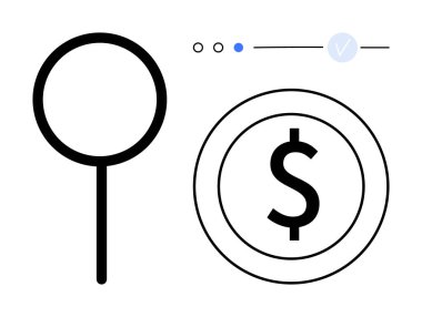 Büyüteç ve dolar işareti, işaretli ve kaydırmalı. Finans, arama optimizasyonu, doğrulama, e-ticaret, denetimler, araştırma finansal planlaması için ideal. Satır metaforu