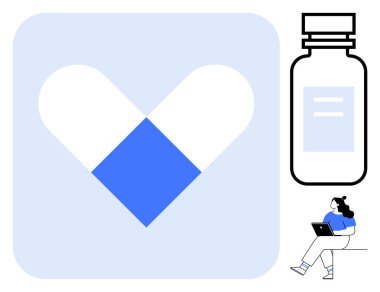 Kalp şeklindeki kapsül ikonu, ilaç şişesi, dizüstü bilgisayarı olan biri. Sağlık hizmetleri, eczacılık, çevrimiçi istişareler, teletıp, tıbbi uygulamalar, dijital sağlık hizmetleri ve uzaktan kumanda için ideal