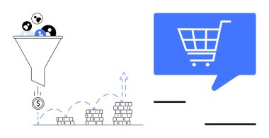 İnsanları bir dolar işaretli madeni paraya çeviren huni, yükselen madeni paralar yığınına dönüşen madeni para, konuşma balonunda mavi alışveriş arabası. Pazarlama stratejileri, satış dönüşümü ve gelir tasvir etmek için ideal