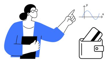 İş kadını grafiği x ile gösterir, y-eksenleri bir klasörü tutarken, yanında kart simgesi olan cüzdan. Finans, eğitim, veri analizi, iş stratejisi, yatırım planlaması ve finans için ideal