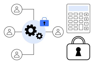 Dört kullanıcı simgesini birleştiren merkezi dişliler, mavi asma kilit, matematiksel fonksiyonlarla hesap makinesi ve kilitli bir asma kilit. İş güvenliği için ideal, ağ koruması, veri gizliliği, kaynak