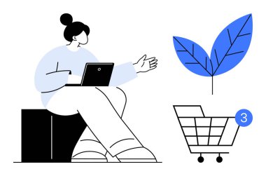 Konuşurken dizüstü bilgisayar kullanan bir kadın, yanında mavi bir yaprak ve alışveriş arabası var. E-ticaret, teknoloji, çevrimiçi alışveriş, sürdürülebilirlik, çevre dostu, perakende satış için ideal