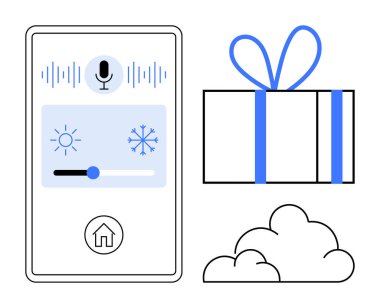 Smartphone ekranında ısı ve soğutma için ikonlar, kurdeleli hediye kutusu ve stilize bulutlar ile sesle etkinleştirilmiş iklim kontrolü gösteriliyor. Akıllı ev teknolojisi, hava durumu uygulamaları, tatil temaları için ideal