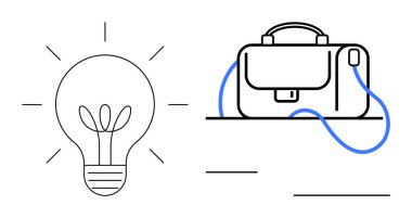 Yaratıcılık ve profesyonelliğin iş karışımını temsil eden bir evrak çantası ikonunun yanında fikirleri sembolize eden ampul ikonu. İş sunumları, yaratıcı projeler, pazarlama için ideal
