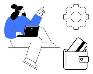 Dizüstü bilgisayarda çalışan, dişli sembolü ve içinde kredi kartı olan cüzdanı olan bir kadın. Finansal planlama, teknoloji, çevrimiçi bankacılık, dijital ödemeler, yenilik, iş stratejisi için ideal