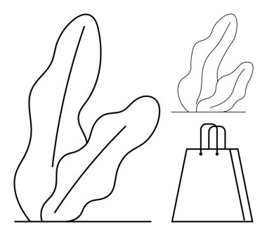İki soyut yaprağın siyah çizgisi ve saplı bir alışveriş çantası. Çevre dostu tasarımlar, minimalizm, doğa temaları, moda, perakende, çevre bilinci, modern dekor için idealdir. Satır metaforu