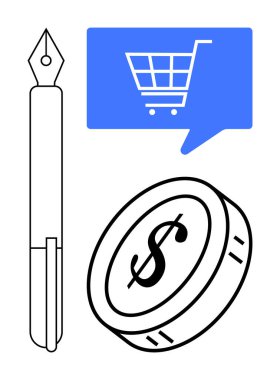 Kalem, alışveriş arabalı konuşma balonu, siyah ve mavi paralar. E-ticaret, çevrimiçi alışveriş, finans hizmetleri, perakende, iş iletişimi, pazarlama, ürün yönetimi için ideal. Çizgi