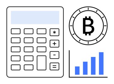 Hesaplayıcı, Bitcoin sembolü ve farklı büyüme seviyelerini gösteren mavi çizelge. Finansal planlama, kripto para birimi analizi, yatırım stratejileri, piyasa araştırmaları, fintech, ekonomik
