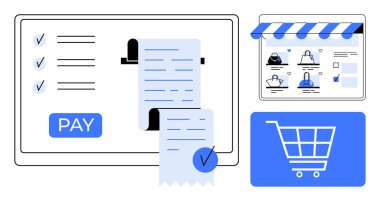Ödeme onaylı dijital kontrol arayüzü, alışveriş arabası ikonu ve çevrimiçi mağaza web sayfası. E-ticaret için ideal, çevrimiçi perakende, dijital işlemler, web tasarımı, mobil uygulamalar, müşteri
