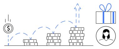 Bozuk para düşüşü, dört kademeli olarak daha uzun bozuk para yığını, kesik oklar, üst moda. Kadın profil ikonu ve hediye kutusu. Finans, yatırım ve büyüme tasarrufu için ideal ekonomik başarıyı ödüllendiriyor. Çizgi