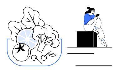 Bir blok üzerinde oturan kadın bir kase meyve, sebze ve sebzenin yanında tabletle meşgul oluyor. Teknoloji için ideal, sağlıklı yaşam tarzı, sağlık, iş-yaşam dengesi, eğitim, dijital