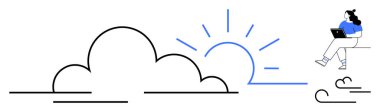Dizüstü bilgisayarı olan bir kadın. Etrafı bulutların ve günbatımının minimalist çizgileriyle çevrili. Teknoloji, uzaktan çalışma, doğa, minimalizm, serbest çalışma, yaratıcılık ve üretkenlik temaları için ideal. Çizgi