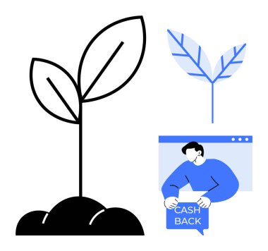 Genç bir bitki filizi ve Cash Back tabelası taşıyan bir kişi büyüme ve mali teşviklerin temalarını birleştiriyor. İş, finans, çevre dostu girişimler, dijital pazarlama ve yatırım için ideal