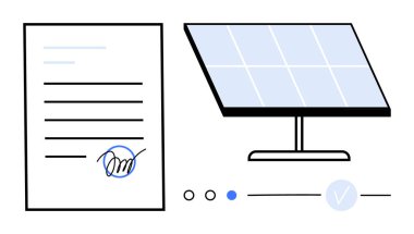 İmzalı belge, kürsüde güneş paneli, ilerleme göstergeleri ve kontrol işareti. Yenilenebilir enerji, yasal anlaşmalar, dijital imzalar, çevresel sürdürülebilirlik, teknoloji için ideal