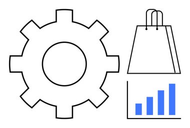 Alışveriş poşeti ve çubuk grafiğinin yanında vites simgesi. E-ticaret, iş büyümesi, perakende stratejileri, piyasa analizleri, alışveriş eğilimleri, teknik yenilik ve performans ölçümleri için ideal. Satır metaforu