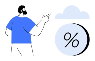 Mavi gömlekli sakallı adam bulut ve yüzde sembolünü işaret ediyor. Temalar için ideal veri depolama, bulut hesaplama, analitik, finans hizmetleri, iş stratejisi, teknoloji eğilimleri