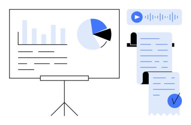 İçinde bar ve turta grafikleri olan boş bir ekran. Yanında, işaretli belgeler ve ses dalgalı bir çalma tuşu. İş, finans, veri analizi, sunumlar ve eğitim için ideal