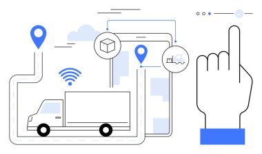 Tableti işaret eden parmak izleri lojistik verileri kamyon, GPS işaretleyicileri, kablosuz sinyaller ve ulaşım simgeleri ile gösteriyor. Teslimat hizmetleri, izleme, tedarik zinciri, lojistik, çevrimiçi için ideal