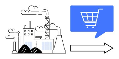 Endüstriyel fabrika, ok ile birbirine bağlı mavi alışveriş arabası ikonu ile konuşma balonunda duman yayıyor. Üretim, ecommerce, tedarik zinciri, iş lojistiği, sanayi dönüşümü için ideal