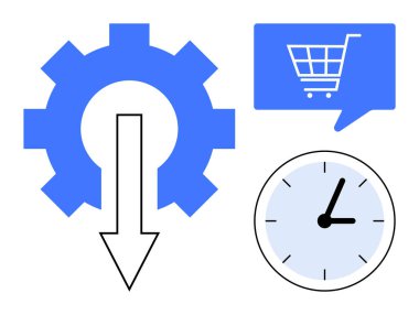 Aşağı doğru ok, konuşma balonunda alışveriş arabası ve saat optimizasyonu, e-ticareti, zaman yönetimini simgeliyor. İş otomasyonu, çevrimiçi alışveriş, verimlilik, iş akışı için ideal