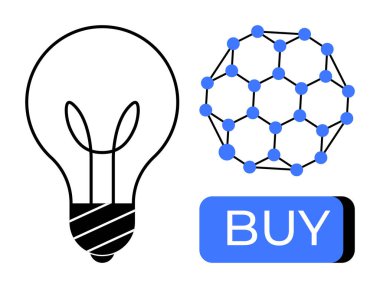 Moleküler bir yapı ve Satın Alma düğmesinin yanında fikirleri temsil eden ampul. Yenilik, teknoloji, e-ticaret, bilim iletişimi, eğitim, çevrimiçi alışveriş, pazarlama kampanyaları için ideal