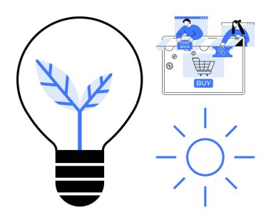 Bitkili ampul, e-ticaret etkileşimi ve güneş ikonu sürdürülebilirliği ve dijital ticareti vurguluyor. Yeşil teknoloji, dijital pazarlama, e-ticaret, yenilenebilir enerji ve yenilik için ideal