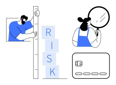 Risk yüksekliğini cetvelle ölçen kişi, büyüteçle denetleyen kadın, kredi kartı. Finans, risk analizi, kredi değerlendirmesi, kurumsal eğitim, iş stratejisi, veri