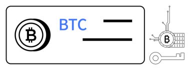 Üzerinde BTC logosu, metin, blok ve anahtar sembolleri olan Bitcoin cüzdan kartı. Finans, kripto para birimi, engelleme teknolojisi, dijital güvenlik ve finansal teknoloji temaları için ideal. Modern minimalist stil