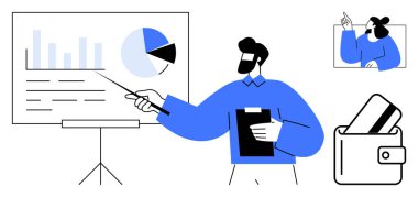 Dosyada dosyalarla veri sunan bir adam, video görüşmesi yapan bir iş arkadaşı, kredi kartı tutan bir cüzdan. İş, finans, çevrimiçi toplantılar, uzaktan çalışma, mali planlama, veri